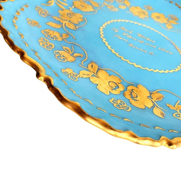 Hand Painted Vintage Cake Plate Handles Blue and Gold - Picture 7 of 10
